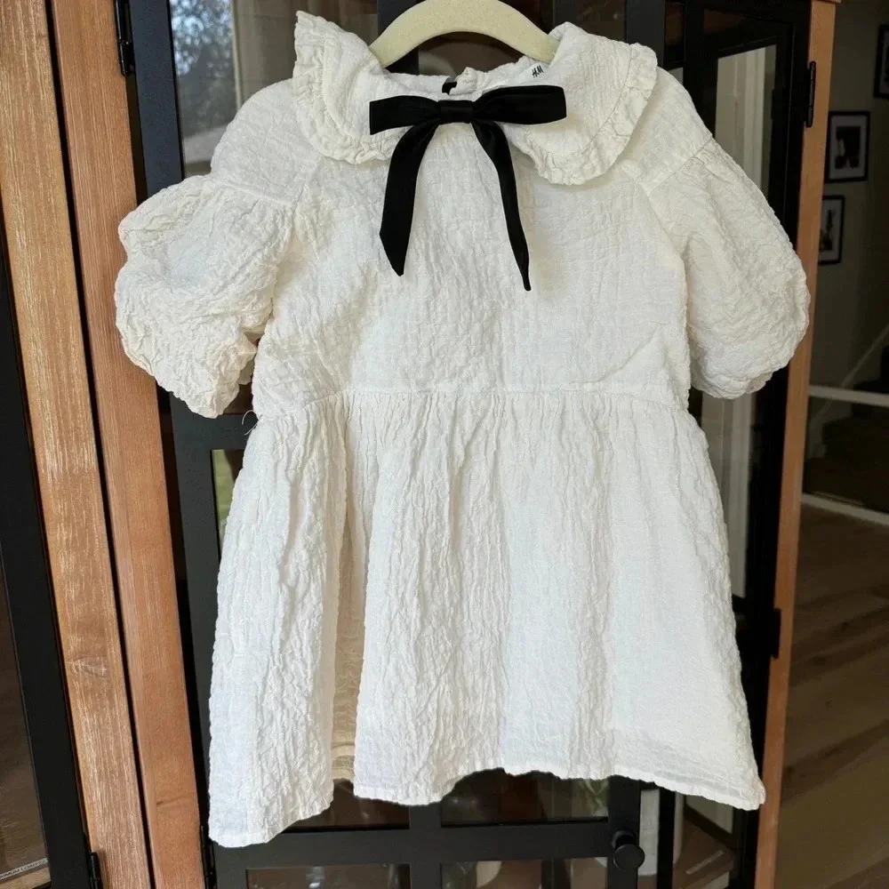 H&M kids dress textured peter pan collar toddler girl ruffle bows ivory formal